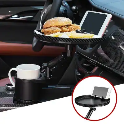 Car cup holder with attached tray holding a sandwich, fries, and a smartphone for convenience on the go. Perfect for drivers needing portable food storage and easy access to essentials while driving.