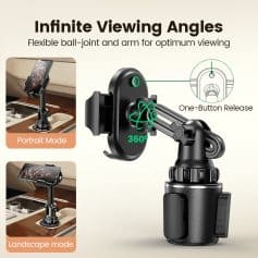 360-degree adjustable phone holder for car mounts with flexible ball-joint and arm, ideal for portrait and landscape modes, ensuring perfect visibility and easy one-button release at Monalisa Medical Store.