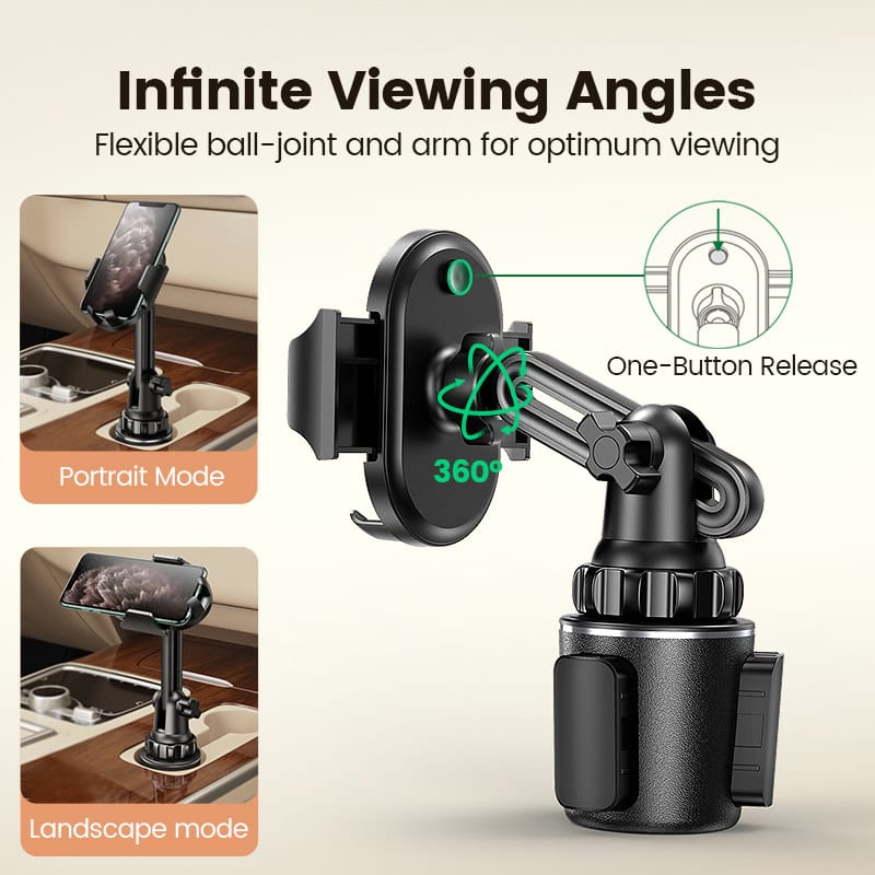 360-degree adjustable phone holder for car mounts with flexible ball-joint and arm, ideal for portrait and landscape modes, ensuring perfect visibility and easy one-button release at Monalisa Medical Store.