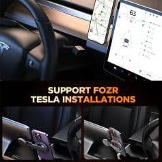 Support forz Tesla support forz Tesla installation, car dashboard with mobile phone mounts, electric vehicle dashboard displays, Tesla car accessories for phone mounting, compatible support system for Tesla vehicles.