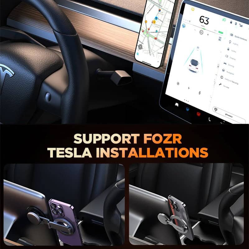 Support forz Tesla support forz Tesla installation, car dashboard with mobile phone mounts, electric vehicle dashboard displays, Tesla car accessories for phone mounting, compatible support system for Tesla vehicles.