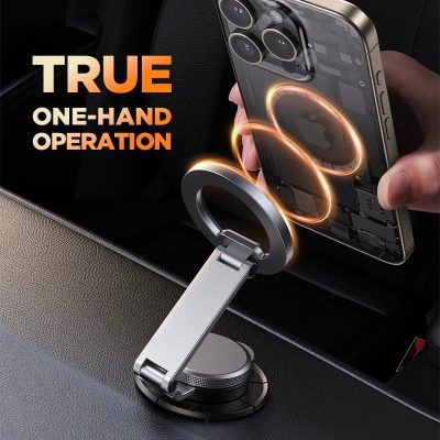 Sleek wireless car phone holder with one-hand operation for safe driving and easy device mounting.