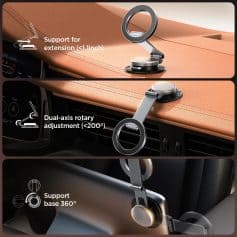 Mount smartphone holder for car dashboard, adjustable and rotatable, carbon fiber design, ensures secure phone grip, compatible with various device sizes for safe driving.