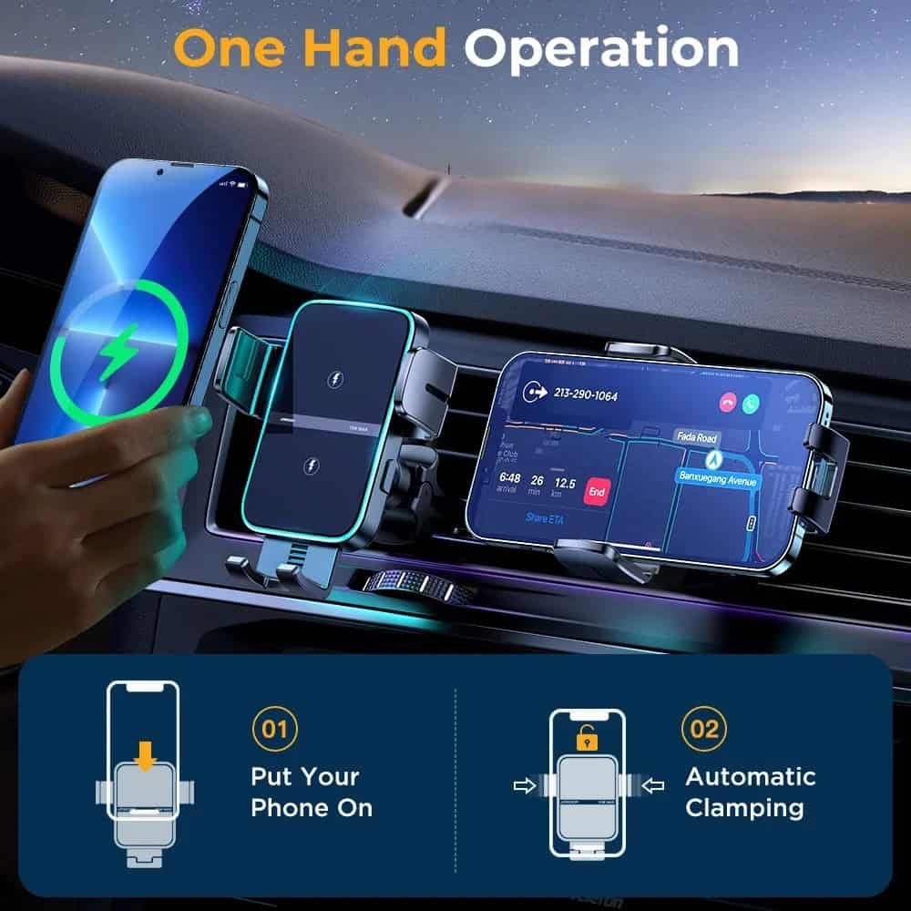 Wireless phone holder for car, adjustable magnetic dashboard mount, easy installation, compatible with smartphones, secure clamping, ideal for hands-free navigation and calls.