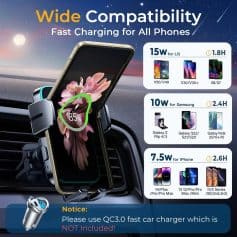 Fast charging phone holder with wide compatibility for all smartphones, including Samsung and iPhone models, featuring 15W, 10W, and 7.5W power options for quick charging while driving.