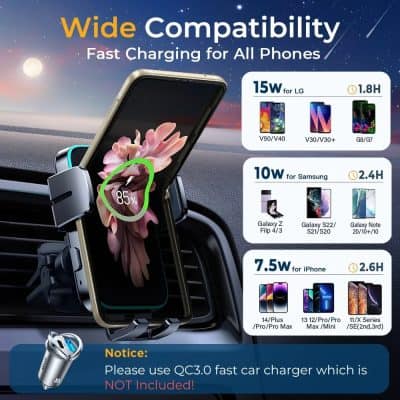 Fast charging phone holder with wide compatibility for all smartphones, including Samsung and iPhone models, featuring 15W, 10W, and 7.5W power options for quick charging while driving.