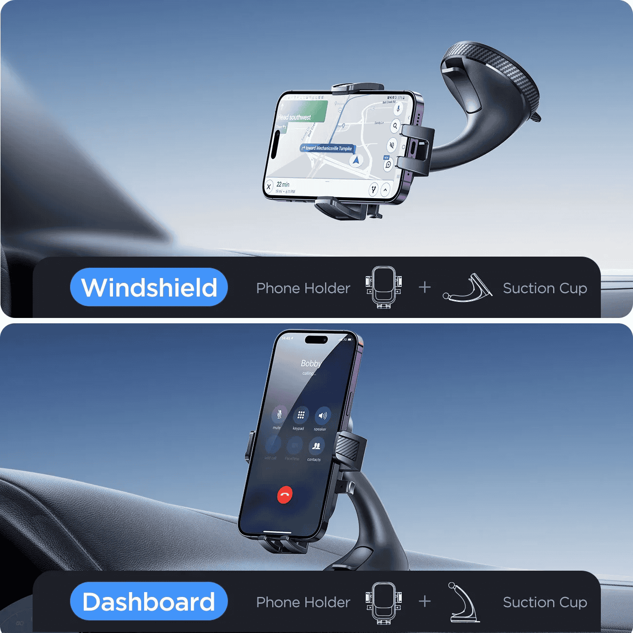Mobile phone holder for car, compatible with windshields and dashboards, featuring a secure suction cup for easy installation and convenient access to navigation and calls.
