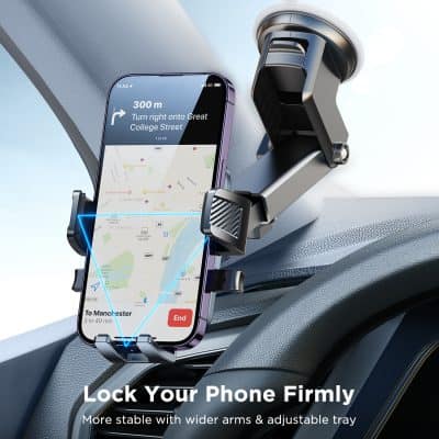 Flexible car phone holder for easy navigation and safety. Securely mounts smartphones with adjustable tray and wider arms for stable driving support. Perfect for GPS use and hands-free calls.