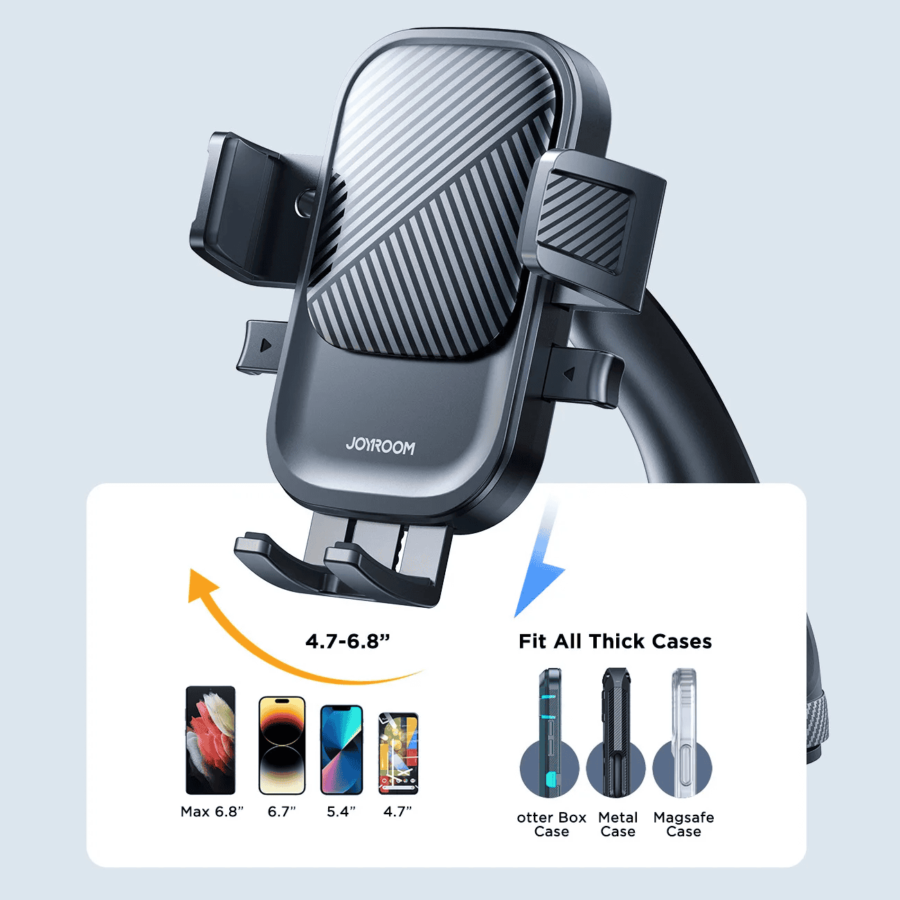 Wireless phone holder with adjustable grip for 4.7 to 6.8-inch smartphones, compatible with thick cases, suitable for use in cars for secure device mounting.