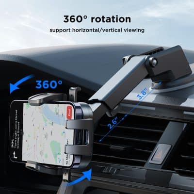 Adjustable air vent phone holder with 360-degree rotation for easy horizontal and vertical viewing, compatible with all smartphones, offering secure grip and convenient access while driving.