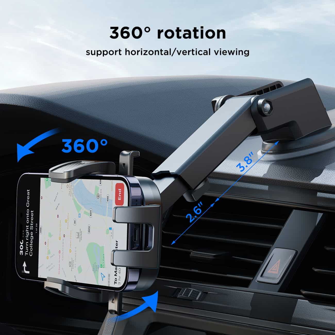 Adjustable air vent phone holder with 360-degree rotation for easy horizontal and vertical viewing, compatible with all smartphones, offering secure grip and convenient access while driving.