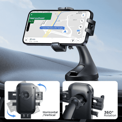 Wireless car phone holder with adjustable grip and 360-degree rotation for secure mounting. Compatible with smartphones for hands-free navigation and calls during driving.