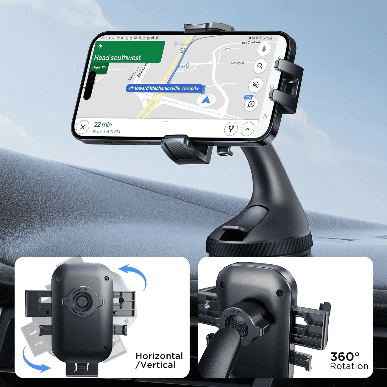 Wireless car phone holder with adjustable grip and 360-degree rotation for secure mounting. Compatible with smartphones for hands-free navigation and calls during driving.