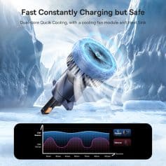 Fast constantly charging wireless car charger with cooling fan module and heat sink for safe device charging.