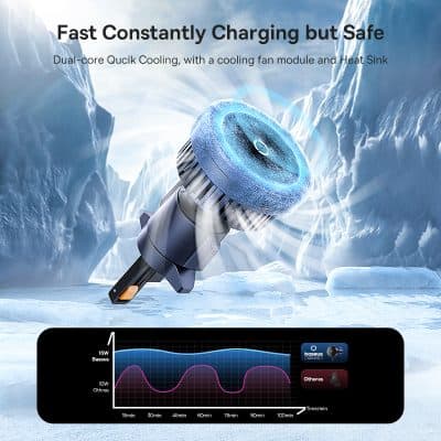 Fast constantly charging wireless car charger with cooling fan module and heat sink for safe device charging.
