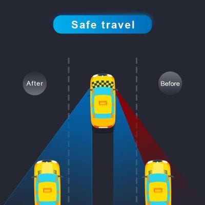 Yellow taxi with advanced sensor technology for safe autonomous driving in city traffic.