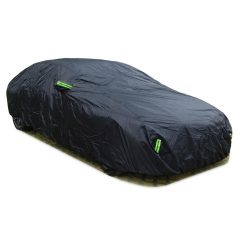 Protective car cover for outdoor use, water-resistant, universal fit for most vehicles, with reflective strips for safety, ideal for car protection against weather elements.