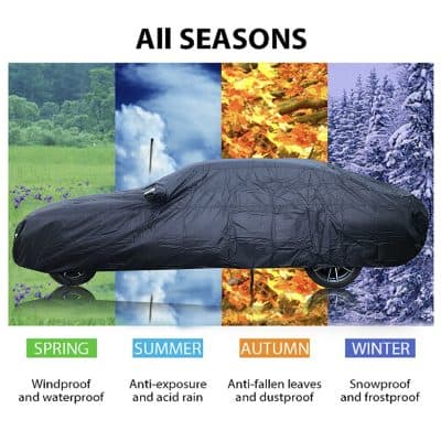 Waterproof car cover for all seasons, including spring, summer, autumn, and winter, offering protection against wind, rain, dust, snow, frost, and UV rays, suitable for year-round vehicle protection.