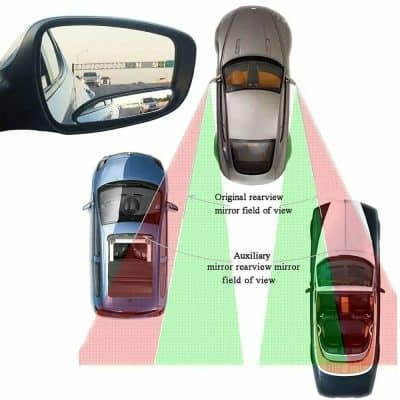 Side view of a car showing the original rearview mirror and auxiliary mirror fields of view, with overlay diagram illustrating blind spots and mirror angles for enhanced driving safety and visibility features in modern vehicles.