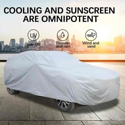 Covered car with a white cloth in front of city skyline, promoting sun protection and weather resistance for vehicles, emphasizing the importance of cooling, sunscreen, and protection from UV rays, wind, sand, rain, and thunderstorms.