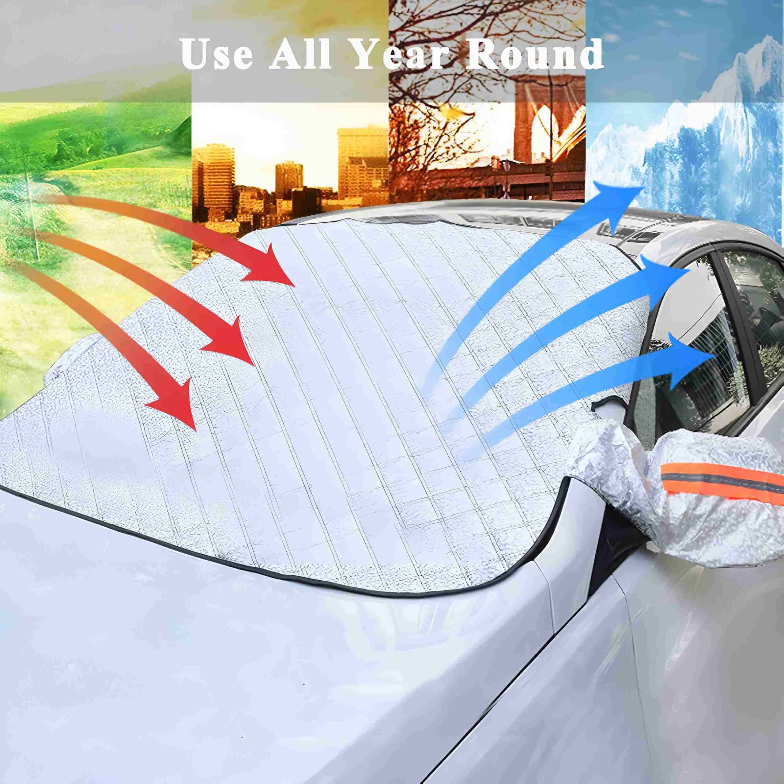 Breathable sunshade windshield cover for cars, blocks UV rays and keeps interior cool, ideal for use all year round, great for sun protection at Monalisa Store, enhancing vehicle comfort and safety.