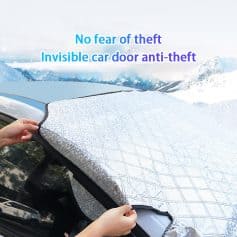 Waterproof car cover with anti-theft feature for vehicle protection, hidden door lock, and outdoor use, suitable for winter snow and harsh weather conditions.