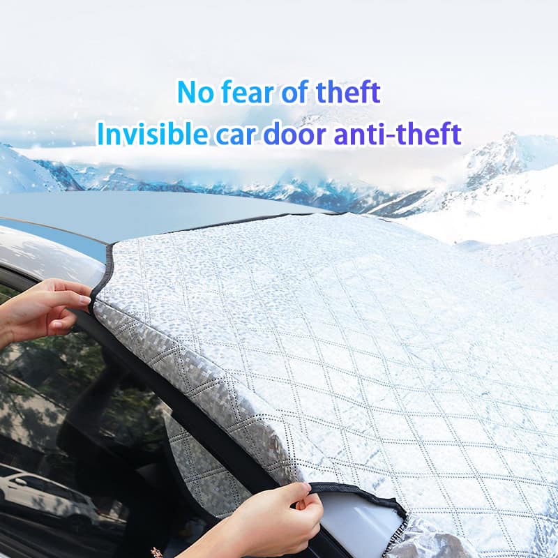 Waterproof car cover with anti-theft feature for vehicle protection, hidden door lock, and outdoor use, suitable for winter snow and harsh weather conditions.