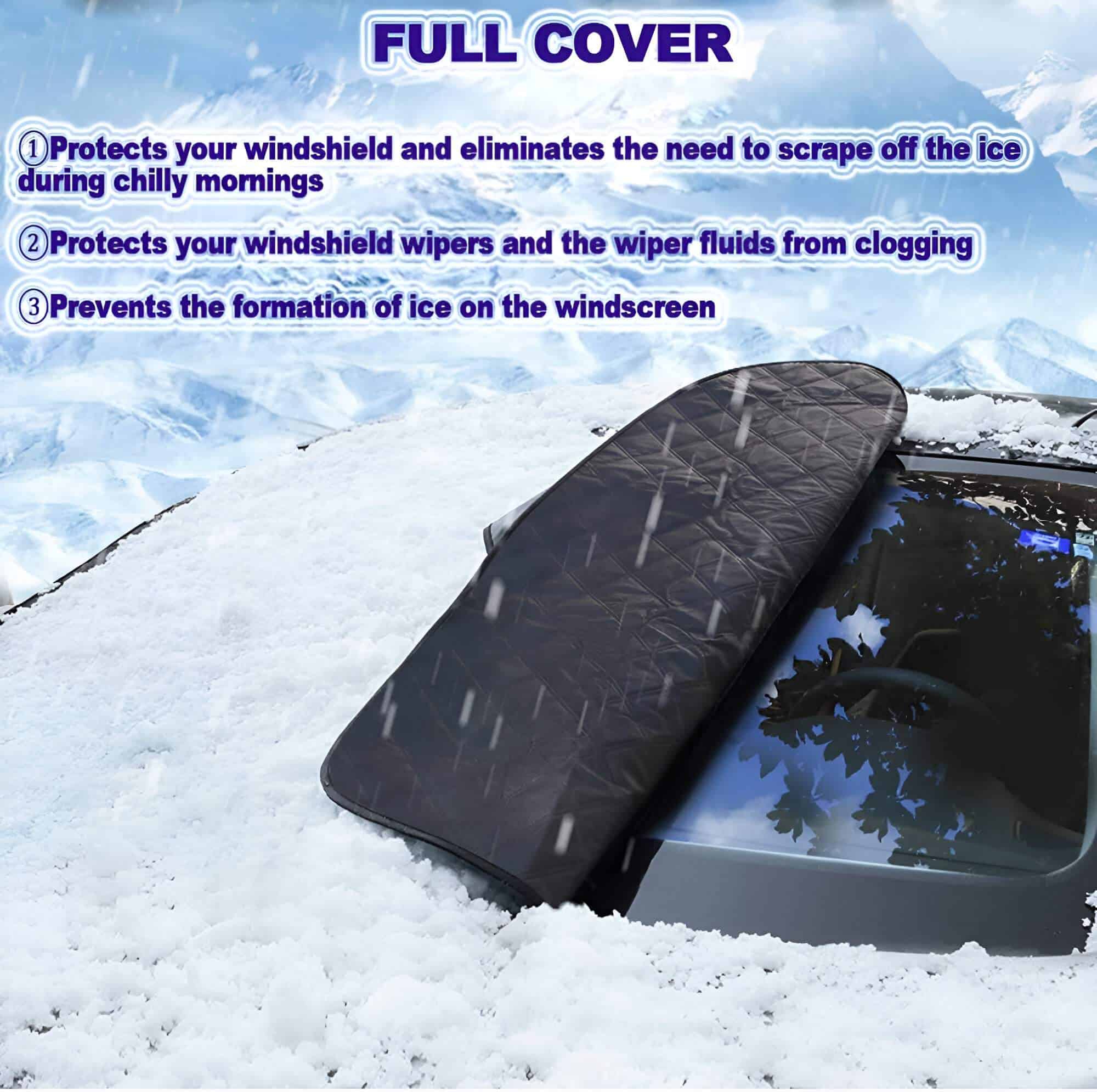 Full cover windshield snow protection for winter driving, ice and snow shielding, car windscreen cover with thermal insulation, ideal for cold climates, compatible with Monalisa Store products.