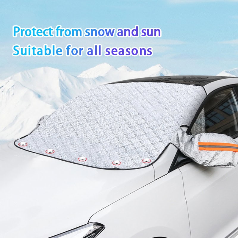 Protective car sun and snow shield suitable for all seasons, weather-resistant windshield cover for winter snow and summer sun protection, easy to install.