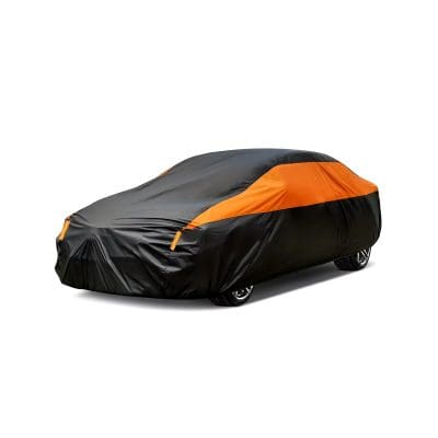 Protective car cover with black and orange design, ideal for vehicle protection and outdoor storage. Breathable and weather-resistant to keep your car safe from elements.