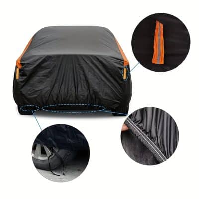 Waterproof car cover with reflective stripe, elastic hem, and adjustable straps for maximum protection; ideal for vehicle outdoor storage.
