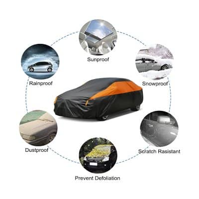 Sun protective car cover for all-weather conditions including rain, snow, dust, and scratches, offering UV protection and preventing vehicle deflation with easy installation and durable fabric.