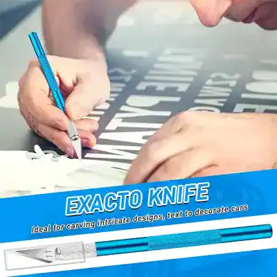 Exacto knife for car lettering and engraving, precision craft tool for intricate designs, text decoration, and signage, ideal for automotive customization, durable metal blade with ergonomic handle.