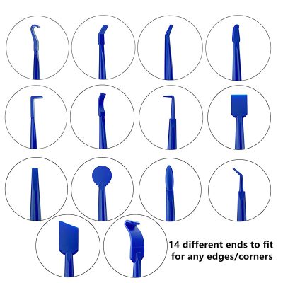 Blue dental scaler tips for cleaning teeth and dental work, various angled and shaped tips for different dental procedures.