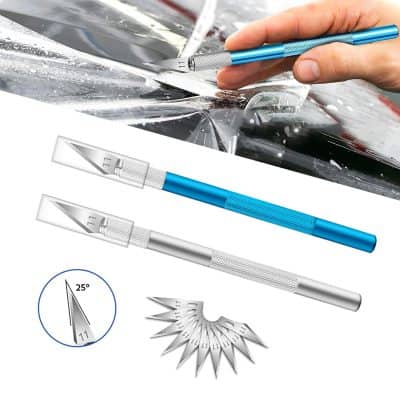 Steel windshield repair tools for crack and chip repair, including razor blades, glue injector, and angle guide, ideal for auto glass restoration and DIY windshield crack repair.