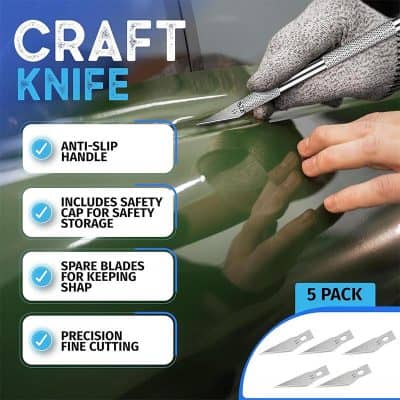 Craft knife for precise cutting with anti-slip handle, safety cap, spare blades, and fine cutting tips, ideal for hobbyists and professionals.