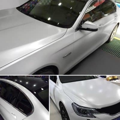 Matte silver car wrap, sleek vehicle transformation, premium auto vinyl, Monalisa Store auto customization, professional car wrapping service.