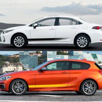 White modern sedan with sleek design and black stripe accents, ideal for elegance and comfort in transportation.