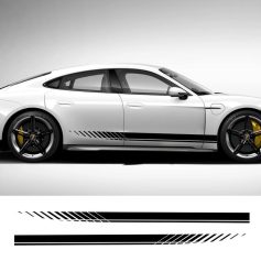 Luxury sports car with sleek design and black stripe decals, front view showcasing stylish wheels and aerodynamic features.
