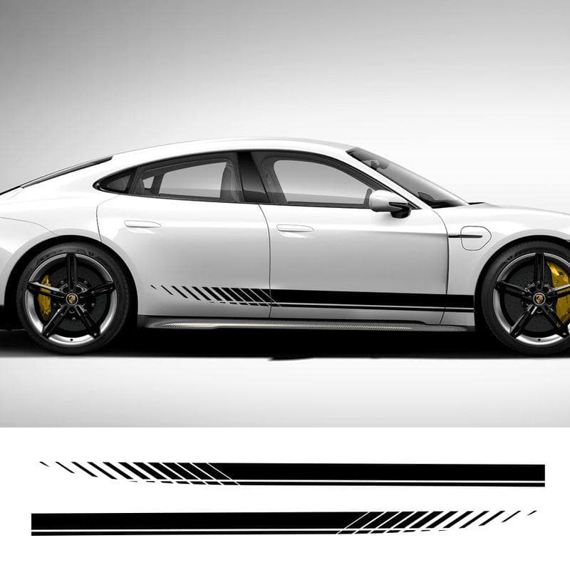 Luxury sports car with sleek design and black stripe decals, front view showcasing stylish wheels and aerodynamic features.