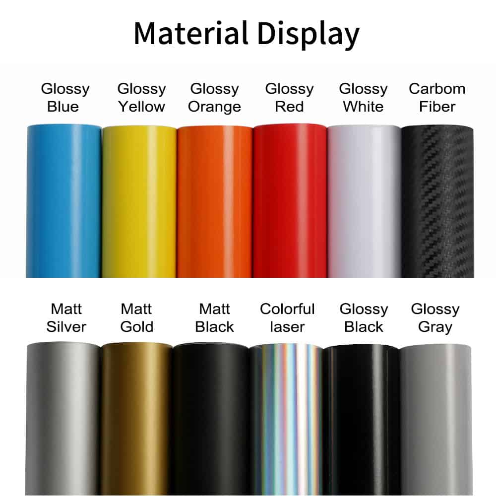 Colorful vinyl material display showcasing glossy and matte finishes in various shades including blue, yellow, orange, red, white, black, silver, gold, gray, and a holographic laser pattern, used for optical and decorative purposes.