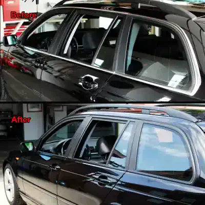Shiny black car with expanded tinted windows, showcasing vehicle window tinting transformation at Monalisa Store.