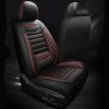 Black car seat with red stitching and quilted design, featuring the "SEAVEAL" logo, showcasing luxury automotive interior accessories.