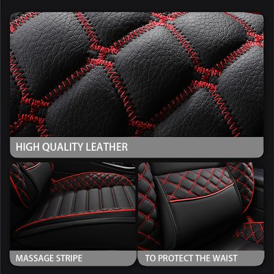 Leather upholstery with red stitching enhances premium look and comfort.