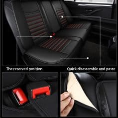 Black leather car back seat with red accent stitching, interior view of vehicle, Monalisa Store automotive accessories, premium car interior decor, luxury vehicle seat upholstery.