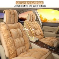Luxury car seat covers with stitching cushion for comfort and airbag compatibility, beige plush upholstery, Monalisa Store automotive accessories, premium interior car decor, enhanced driving experience, car seat protection for long drives.