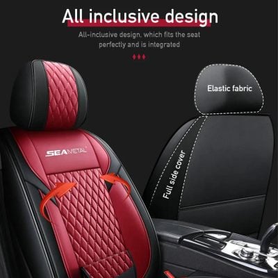 Luxurious car seat cover with red quilted design, elastic fabric, and full side coverage, perfect for enhancing vehicle comfort and aesthetics. |.