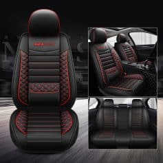 Luxury car seat covers with red stitching, custom-fit for automotive interiors, enhancing comfort and style for sedans and SUVs. Perfect for car upholstery upgrade.