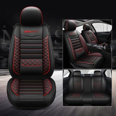 Luxury car seat covers with red stitching, custom-fit for automotive interiors, enhancing comfort and style for sedans and SUVs. Perfect for car upholstery upgrade.