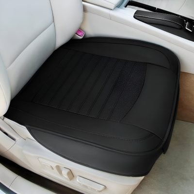 Luxurious black leather car seat cushion, ergonomically designed for comfort and style, perfect for enhancing interior aesthetics and providing additional support.
